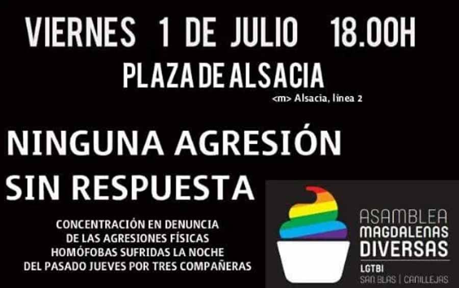 Convocada una concentración en Madrid bajo el lema "Ninguna agresión sin respuesta" contra la LGBTIfóbia