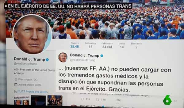 Tuit de Trump prohibiendo a trans servir ejército