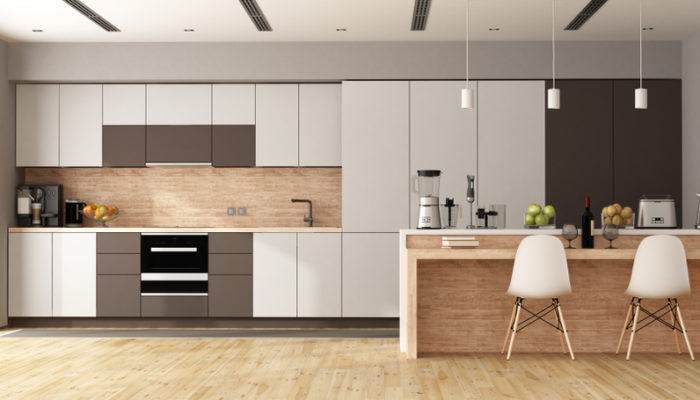 White,And,Brown,Modern,Kitchen,With,Wooden,Island,-,3d