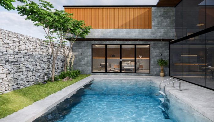 3d rendering. Interior house modern open living space with kitch 3d rendering. Interior house modern open living space with kitchen.Loft style Duplex residence .Home decoration luxury interior-exterior design.Outdoor terrace with swimming pool.